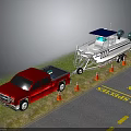 Red Pickup Truck Towing Boat With Orange Cones In Parking Area