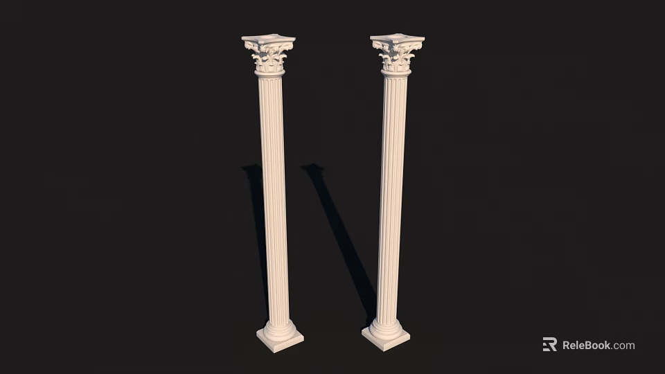 Two White Roman Columns With Classical Capital Design Against Black Background 3d model 