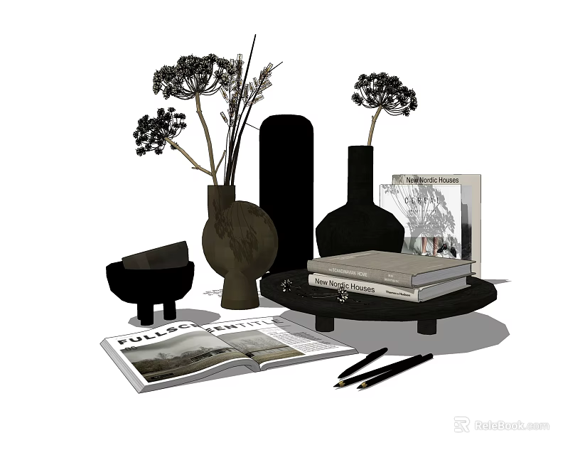 Stylish Decorative Ornament Set with Vases Dried Flowers Sculpture Books Magazine and Scissors 3d model 