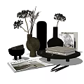 Stylish Decorative Ornament Set with Vases Dried Flowers Sculpture Books Magazine and Scissors