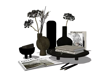 Stylish Decorative Ornament Set with Vases Dried Flowers Sculpture Books Magazine and Scissors 3d model