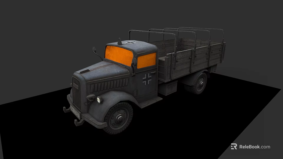 Vintage Military Truck With Open Cargo Bed Orange Windshield And Cross Symbol 3d model 