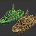 Modern And Rusty Tugboats With Green Hull And Rusted Deck Structures
