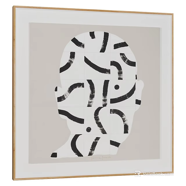 Abstract Painting With Head Silhouette Composed Of Black White Curves And Dots 3d model 