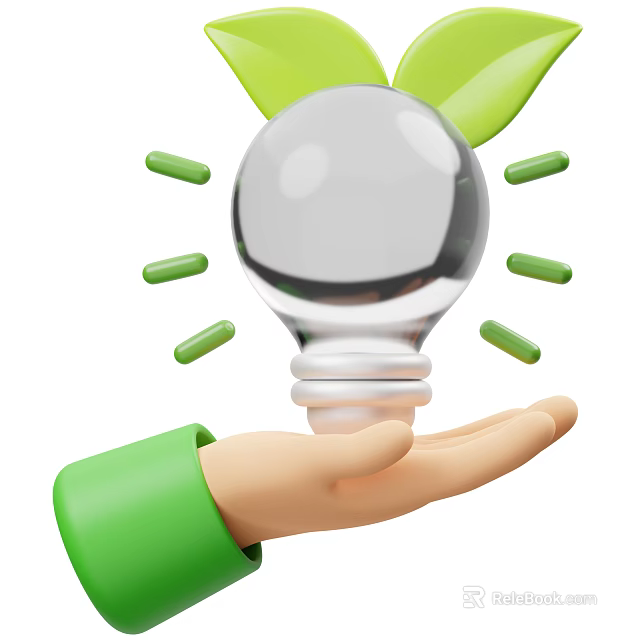 Man's Hand Holding Light Bulb With Green Sleeve Lines And Leaves 3d model 