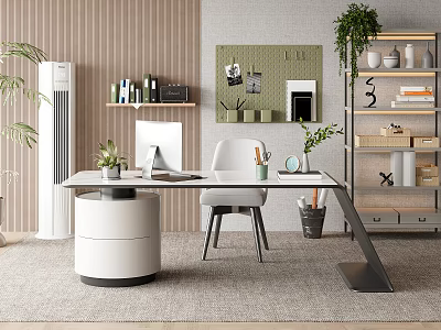 Modern Home Office Desk With White Chair Computer Monitor Green Plants And Bookshelf Decorations 3d model