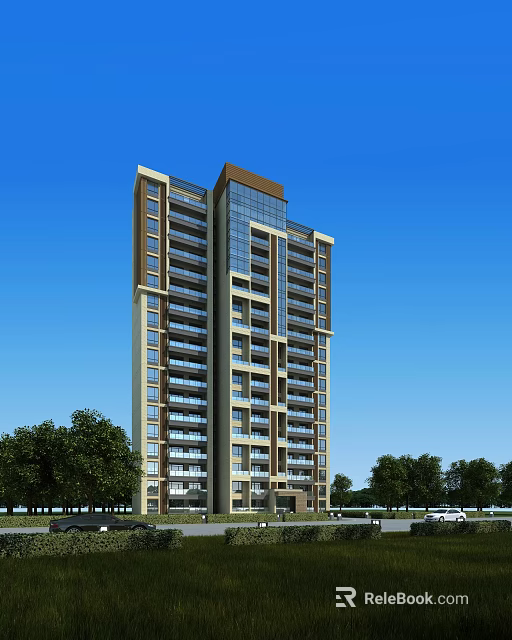 Modern High Rise Residential Building With Glazed Facade And Trees Under Blue Sky 3d model 