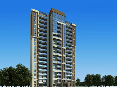 Modern High Rise Residential Building With Glazed Facade And Trees Under Blue Sky 3d model