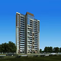 Modern High Rise Residential Building With Glazed Facade And Trees Under Blue Sky