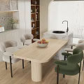 Modern Living Dining Room Interior With Sofa Coffee Table Dining Chairs Decorative Painting And Green Plants