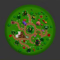 Cartoon Theme Park Scene with Green Grass Winding Paths Colorful Buildings Carousel Trees and Balloons