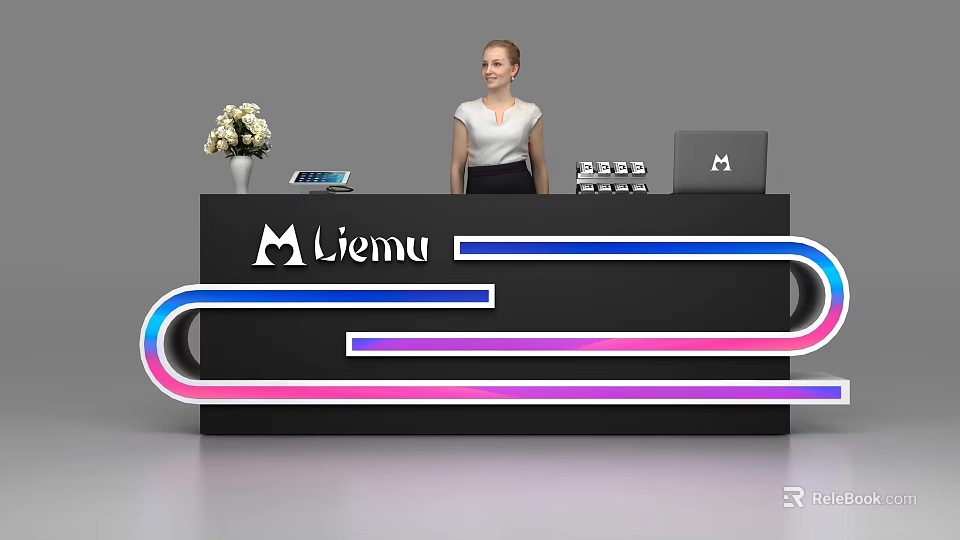 Modern Liema Reception Desk With Staff Vase Computer And Logo Design 3d model 