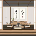 Traditional Japanese Tea Room Interior With Wooden Frames Shoji Screens Calligraphy Scrolls And Tatami Seating