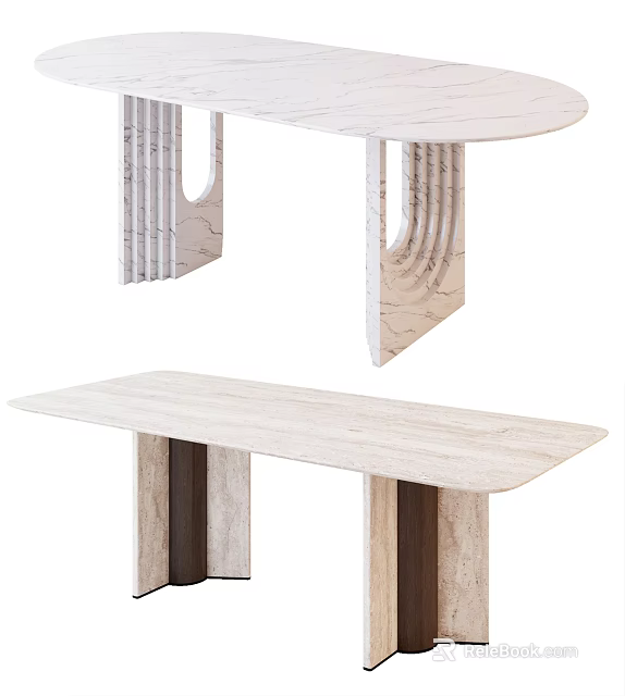 Modern Sleek Dining Table With Marble Surface And Wooden Support Design 3d model