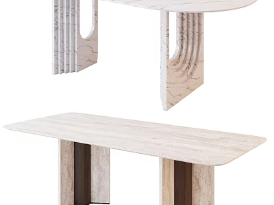 Modern Sleek Dining Table With Marble Surface And Wooden Support Design 3d model