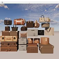 Various Stylish Luggage and Bags in Neutral Tones Including Suitcases Handbags and Trunks