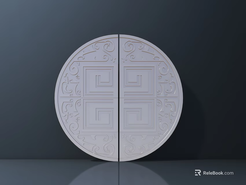 White Circular Door Handle Featuring Symmetrical Patterns And Square Motifs Against Dark Background 3d model 