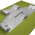 Outdoor Skateboard Park With Concrete Ramps Railings And Green Grass Fitness Area