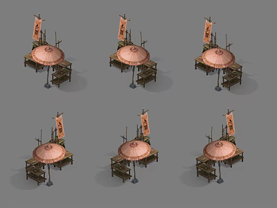 Traditional Vintage Outdoor Market Stalls With Umbrella Flags And Wooden Tables 3d model