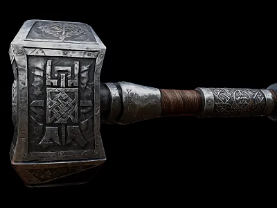 Vintage Decorative Ornament Set With Carved Metal Hammer And Wooden Handle 3d model