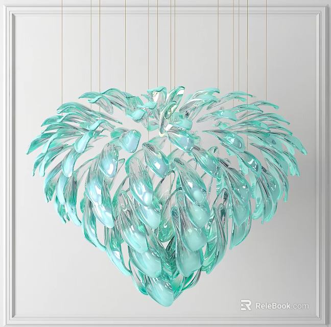 Turquoise Glass Heart Shaped Chandelier with Petal Like Design Hanging in Modern Interior 3d model 