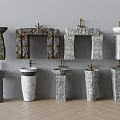 Various Stone Washbasins With Textured Surfaces And Different Shapes Design 3d model