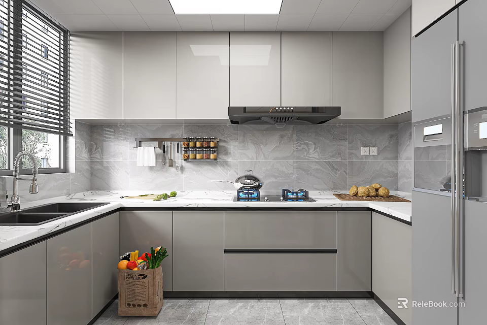 Modern Kitchen Interior With Gray Cabinets Marble Countertops And Spice Rack 3d model 