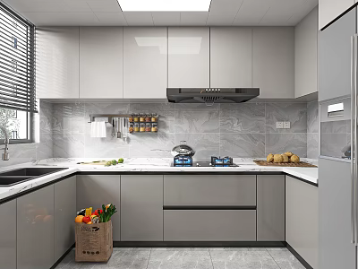 Modern Kitchen Interior With Gray Cabinets Marble Countertops And Spice Rack 3d model