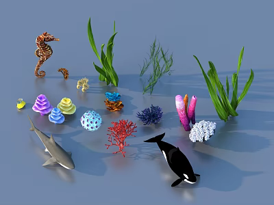 Colorful Marine Life Collection With Seahorse Shark Orca Corals And Seaweed 3d model