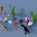 Colorful Marine Life Collection With Seahorse Shark Orca Corals And Seaweed