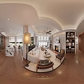 Cozy Living Dining Room Interior With Marble Fireplace Built in Bookshelves And Ceiling Fan
