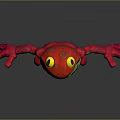 A 3D Red And Green Cartoon Frog With Yellow Eyes Standing Arms Outstretched