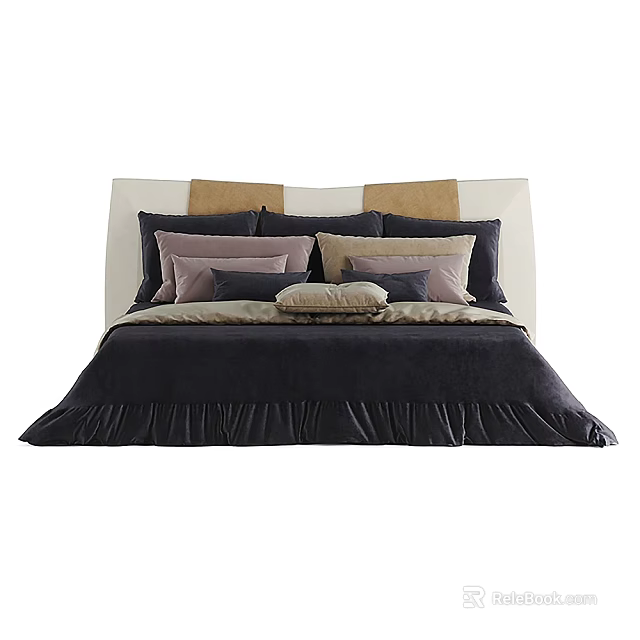 Elegant Double Bed With Dark Quilt Multiple Pillows And White Brown Headboard 3d model