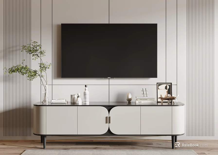 Modern TV Stand With Mounted TV Decorative Items Green Plant And Striped Wall 3d model 