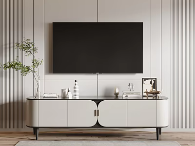 Modern TV Stand With Mounted TV Decorative Items Green Plant And Striped Wall 3d model