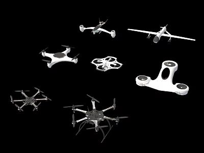 Various Types Of Drones With Different Designs And Components On Black Background 3d model