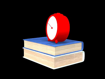 Stylish Red Alarm Clock Placed on Stack of Blue and Beige Books Against Black Background 3d model