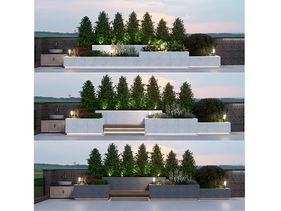 Modern Outdoor Flower Bed And Planter Landscape Design With Green Trees And Lighting 3d model