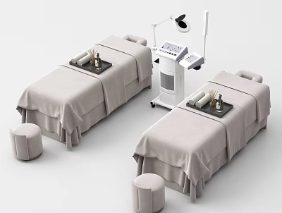 Two Comfortable Massage Beds With Stools And Beauty Equipment In Spa Room 3d model