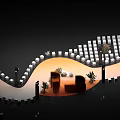Elegant Fashion Runway Featuring Orange Stage Green Plants Round Lights and Poster with Female Figure