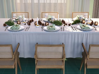 Elegant Dinnerware Set Table Setting With Greenery Pine Cones Linen Tablecloth And Rattan Chairs 3d model