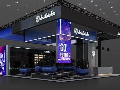 Lalaland Modern Exhibition Booth With Large Future Theme Screen Blue Elements And Lighting Effects 3d model