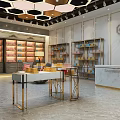 Elegant Luxury Showroom Interior With Golden Display Shelves And Marble Floor