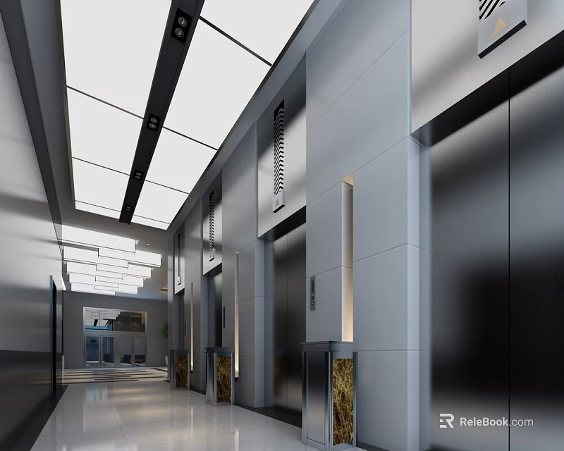 Modern Elevator Lobby With Metal Doors Smooth Wall Panels And Recessed Ceiling Lighting 3d model 