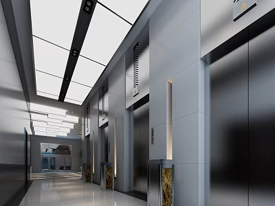 Modern Elevator Lobby With Metal Doors Smooth Wall Panels And Recessed Ceiling Lighting 3d model