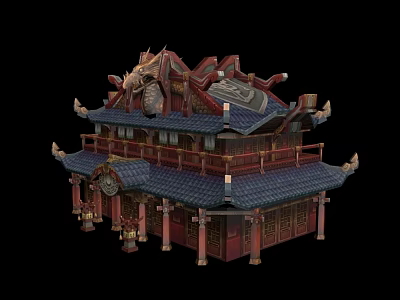 Ancient Chinese Architecture With Ornate Roof Carvings Upturned Eaves And Wooden Columns 3d model