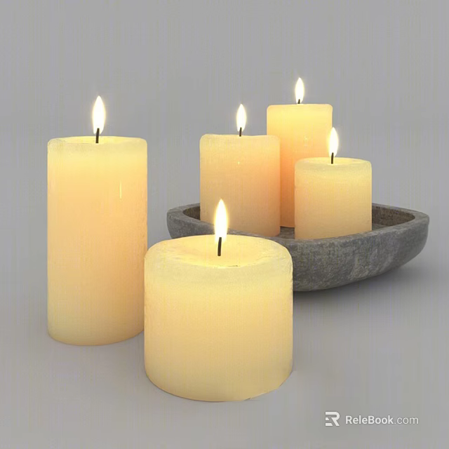 Five Elegant Lit Yellow Candles with Gray Stone Tray Home Decor 3d model 