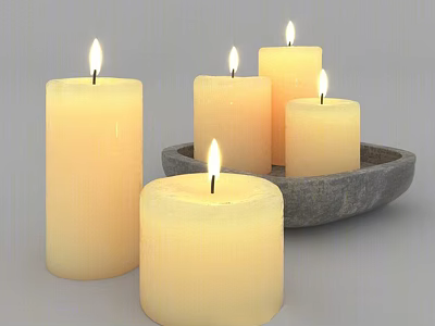 Five Elegant Lit Yellow Candles with Gray Stone Tray Home Decor 3d model