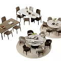 Modern Wooden And Marble Top Dining Table Set With Rectangular And Round Tables And Chairs 3d model