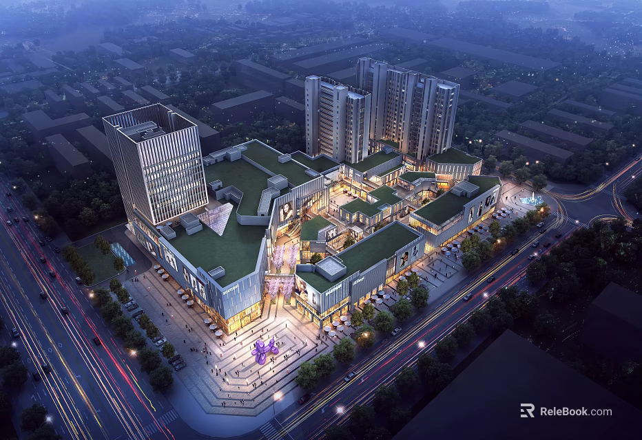 Modern Commercial Street With High Rise Buildings Illuminated Plaza And Retail Shops 3d model 